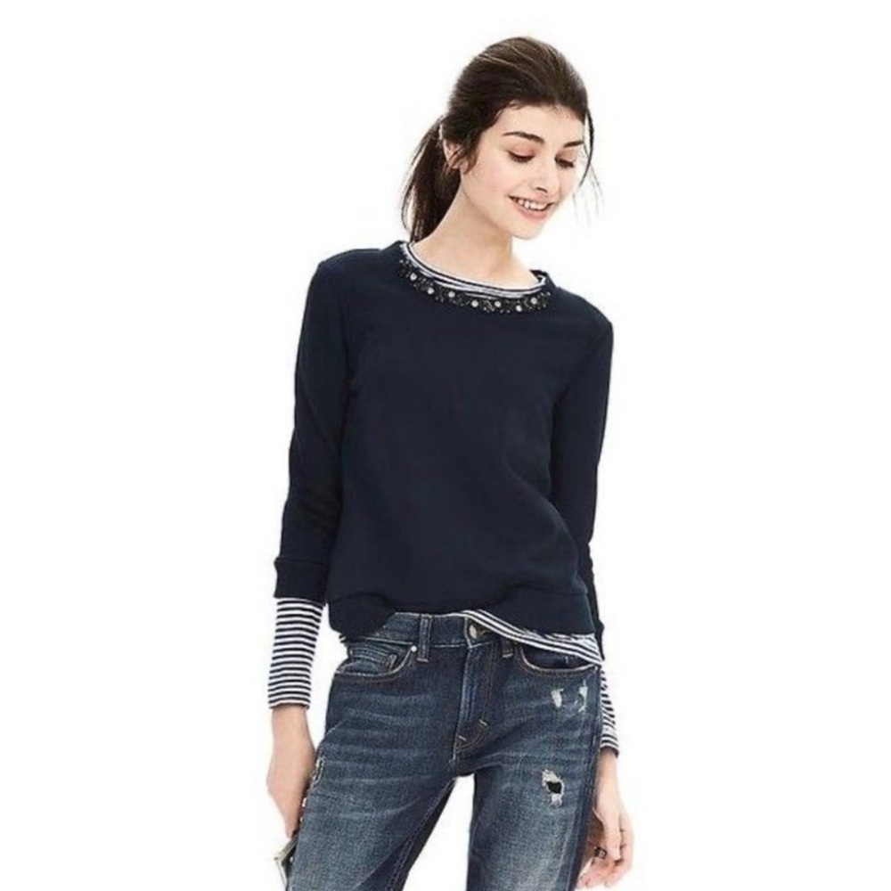 ✨ Banana Republic ✨ Crewneck Embellished 3/4 Sleeves Terry Cotton Sweater